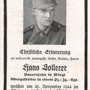 Hans Sollerer, Obergefreiter im Pz. Jg. Rgt, gefallen am 30.11.1944 bei Mühlhausen