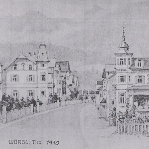 ca. 1930, Bahnhofstraße, re. Cafe Central, Kirche und li. Apotheke