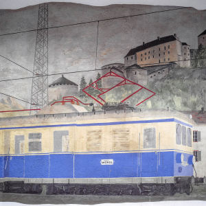 Zugförderungsstelle mit Triebwagen Wörgl Kufstein bis zum Jahre 1973, gebaut 1929, gemalt von Josef Dabernig 1978