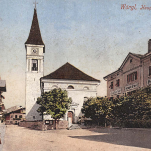 ca. 1909, früher Kirchplatz, jetzt Andreas Hofer Platz, li. Gasthof Alte Post, re. Gasthof Neue Post