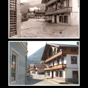 Kanzler-Biener-Straße, 20. Juli 1946 Hochwasser, links Spiegl-Stöckl, Nußbaumer-Haus, rechts: Vorhauser, Schusterbauer und –Zuhaus, Bassgeigerbauer