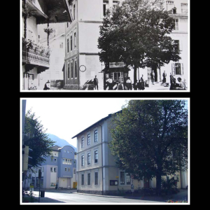 Ca. 1936, Marktgemeindeamt und Schulkaserne und Tabak Trafik Mang Wastl am Anfang der Brixentaler Straße