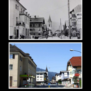 Ca. 1936 Salzburger Straße gegen Westen, Postamt, Haas-, Fischer-, Albertini-, Mikschl-Haus, Kirchturm, Gollner-Steinbacher-, Rieder-Haus