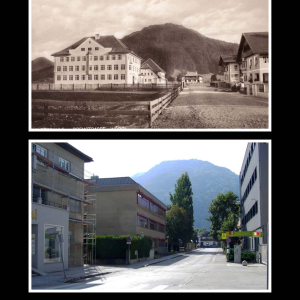 Ca. 1930 Simon-Prem-Straße, links: neue Hauptschule mit Schuldienerwohnung und Turnsaal,  rechts: Wieser-, Pichler-Haus, dahinter ein Indexhaus in der Jahn-Straße
