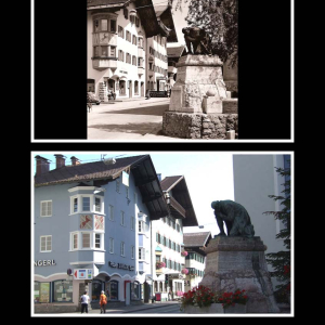 Ca. 1950 Beginn der Salzburger Straße, Zangerl-Haus, Gasthof Schachtner, Kaufhaus Johann Gollner, Kriegerdenkmal 1809