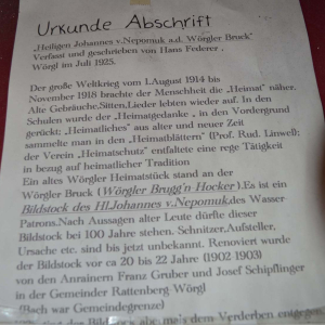 Urkunden Abschrift von Hans Federer für den hl. Johannes von Nepomuk, Wörgl
